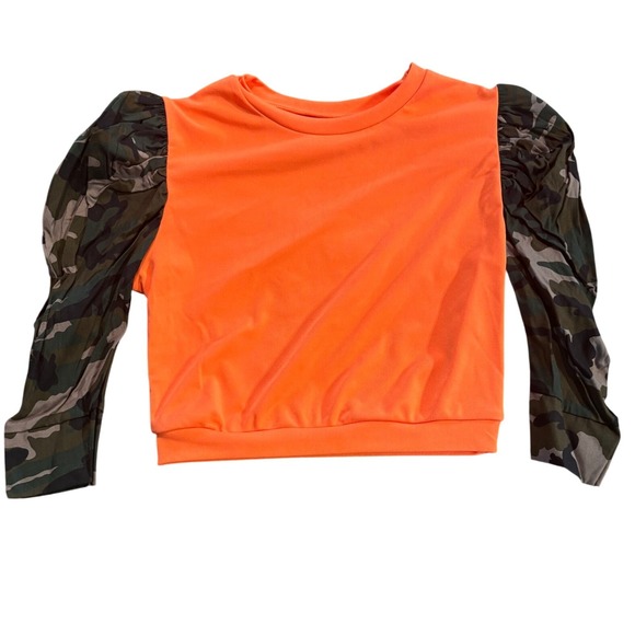 Unbranded Tops - Orange Camo Puff Sleeve Crewneck Top Ruched Military Print Blouse Medium